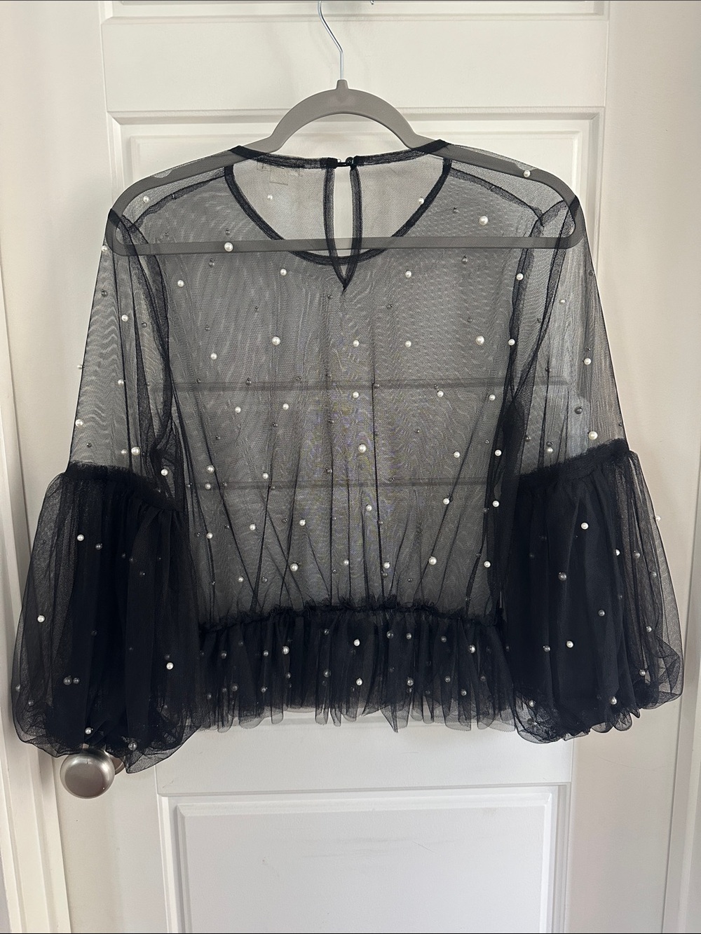 Ultra Pink Black Sheer Pearl-Studded Tulle Blouse - Picture 2 of 3